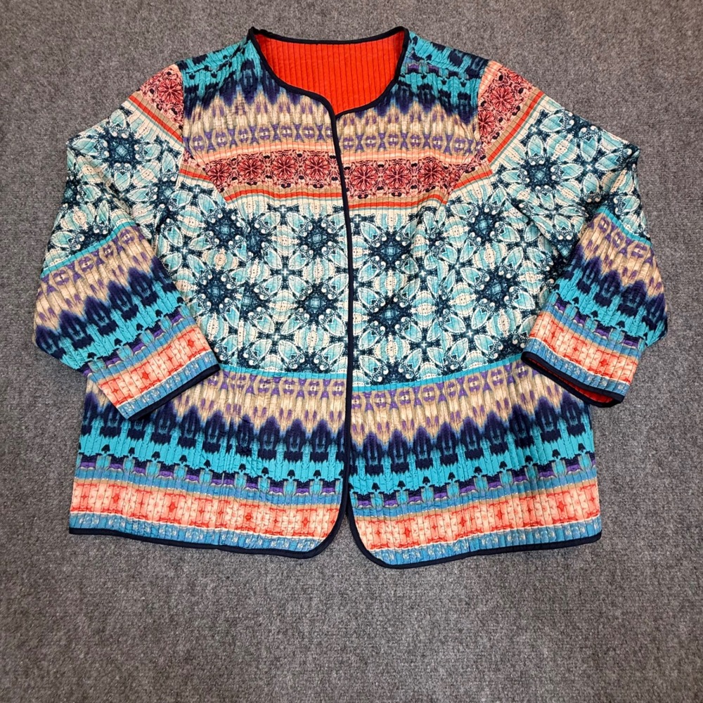 Quilted Kaleidoscope Geometric Open Front Jacket Blue Orange Art To Wear XL